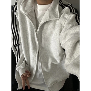 CW35LL-特P43  三条杠花灰色外套男高级感痞帅立领卫衣夹克图片