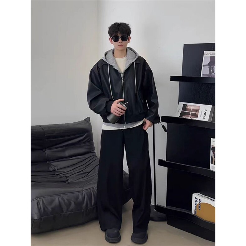 MA620-P98假两件美式连帽皮衣外套机车夹克短款皮衣网图,男装皮衣,星座1611A
