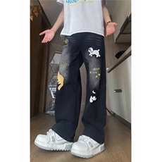 小狗刺绣弯刀牛仔裤男女美式裤子设计感高腰直筒微喇叭裤AM39P42，男装牛仔裤，星座1013-5