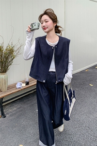 巨好看牛仔马甲条纹阔腿裤套装女春秋俏皮活泼两件套韩系绝美减龄图片