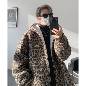 豹纹羊羔毛拉链设计连帽保暖休闲棉衣 A071-5014-P118图片