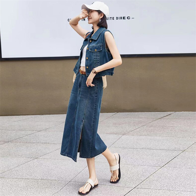 现货古水洗牛仔套装裙女2024年秋装马夹背心直筒半身裙子,女装套装/套裙,江南女神