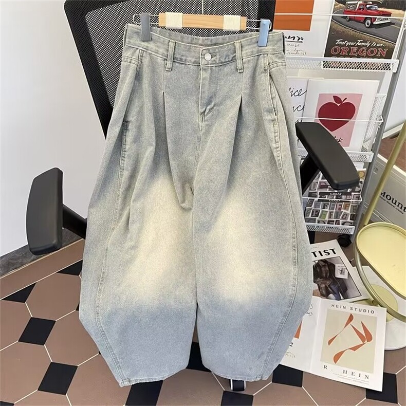 秋季设计感美式褶皱水洗直筒牛仔裤男宽松慵懒风情侣裤N7005/P50,男装牛仔裤,星座506B