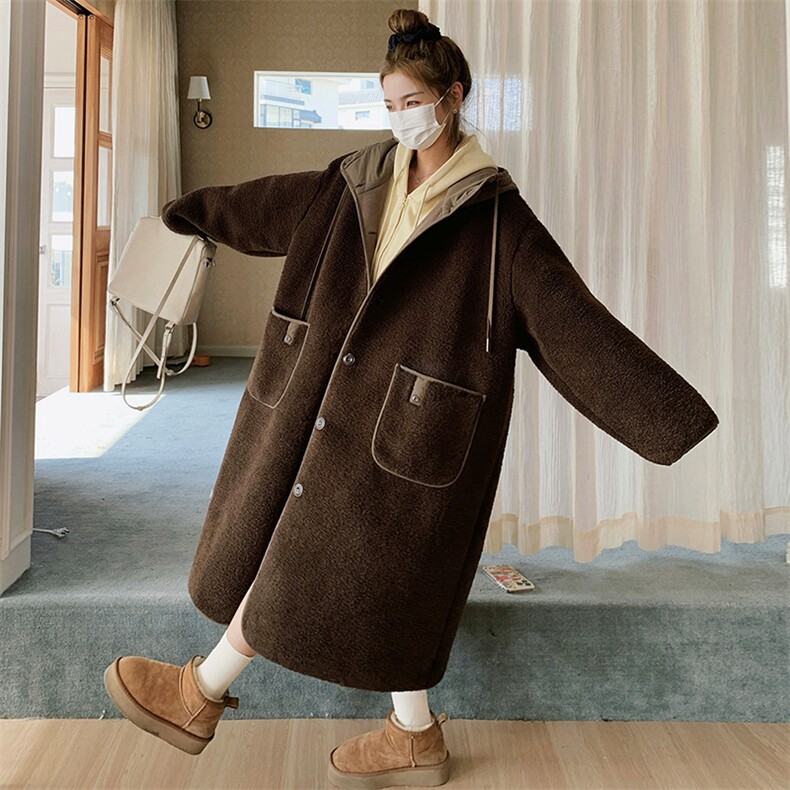 咖色连帽皮毛一体羊羔毛大衣女2024冬季新款韩版宽松加厚过膝棉服,女装羊羔毛/颗粒绒,浙宝305