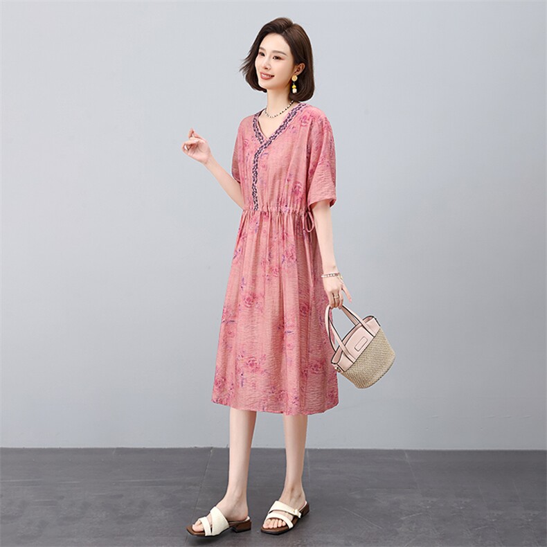 2025夏季新款天丝麻印花连衣裙女抽绳收腰显瘦时尚气质中长款裙子,女装连衣裙,凝聚力