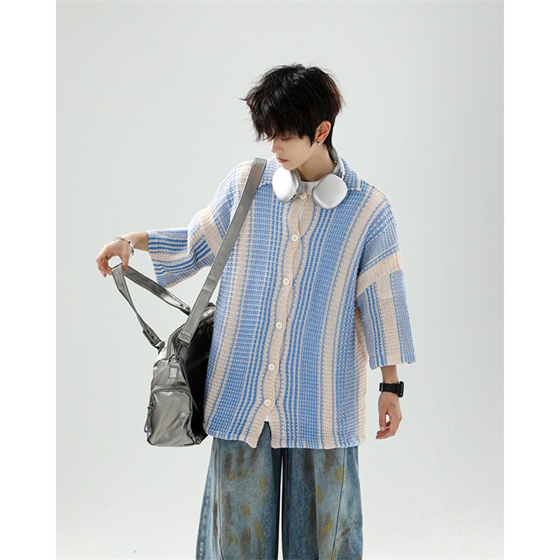 8XL-M特大码美式撞色新中式短袖衬衫男翻领休闲针织开衫DX312P35,男装T恤,电商D206-1