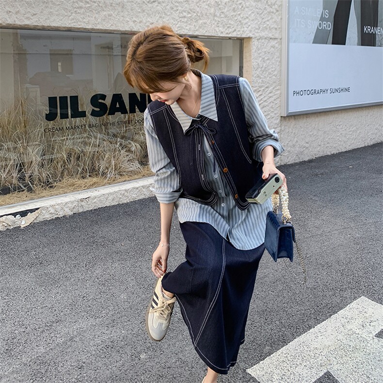 学院风条纹衬衫牛仔马甲套装裙女2025秋季新款韩版时尚显瘦三件套图片