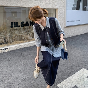 学院风条纹衬衫牛仔马甲套装裙女2025秋季新款韩版时尚显瘦三件套图片