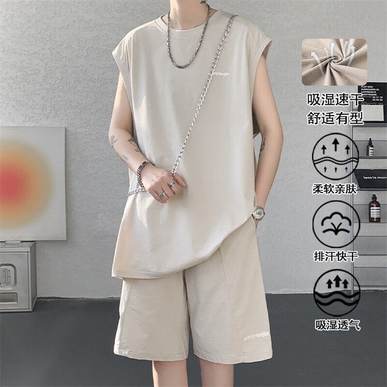 特批P50无差价夏季轻薄舒适纯色潮流宽松背心短裤速干套装TZ5591，男装休闲套装，电商A001-1