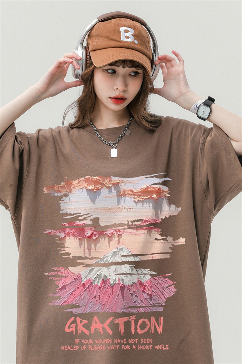 中性风油画复古印花纯棉圆领时尚百搭宽松短袖T恤T1143P25控38,男装T恤,A247A