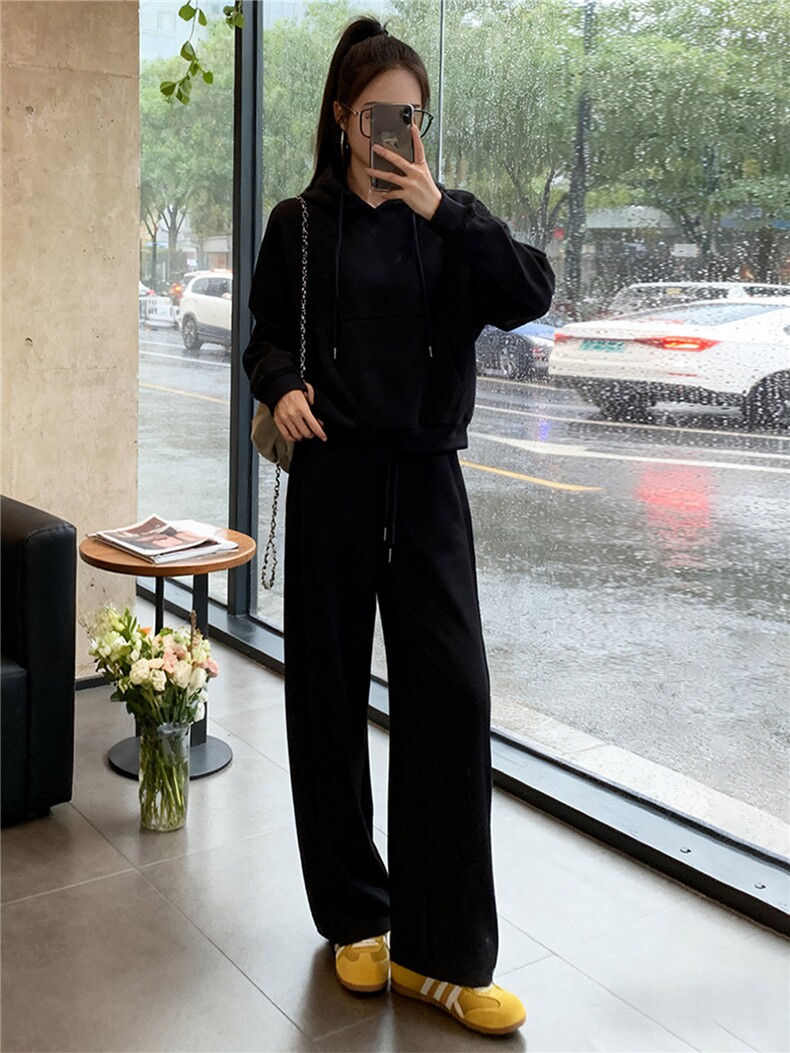 女秋季网红炸街时尚运动套装盐系穿搭纯色连帽卫衣阔腿长裤两件套,女装套装/套裙,江南