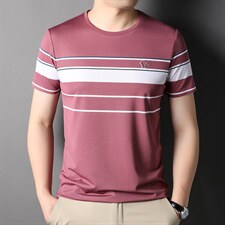 202新款夏季男士舒适圆领短袖T恤时尚条纹体恤衫休闲夏装男P55，男装T恤，钱塘6003A(原)4033A