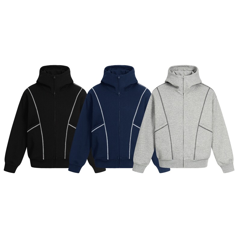 抖音得物高品质秋冬美式高街重磅结构辑明线纹理连帽卫衣外套W111，男装卫衣，电商A486