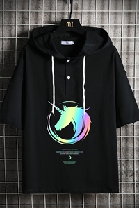 LD54138-P45 连帽短袖t恤男大码胖子带帽五分袖中袖 网格挂拍图片