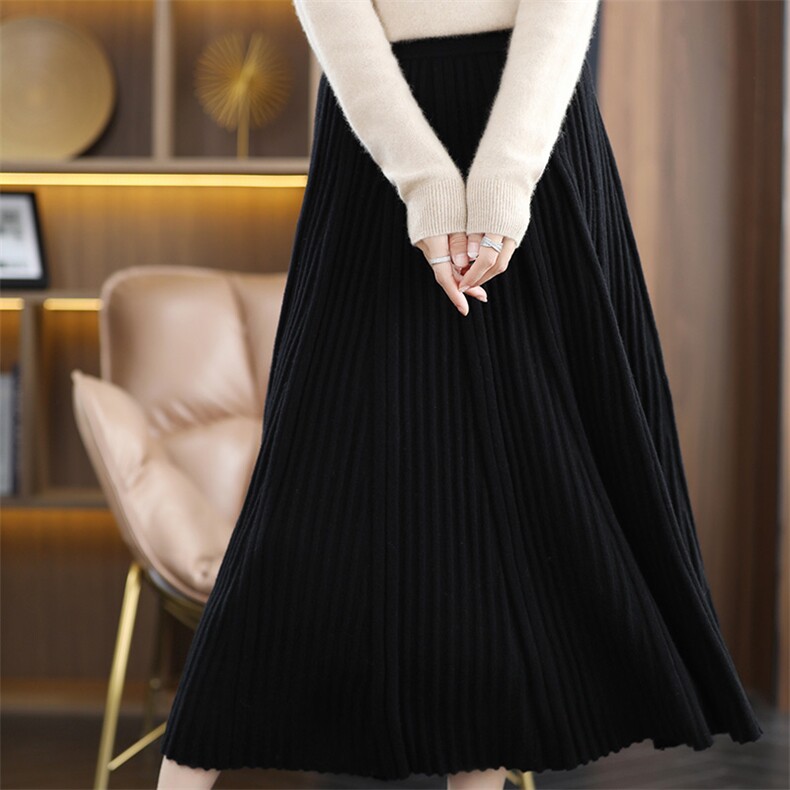 秋冬新款羊毛针织大伞裙女高腰褶裙显瘦中长款半身裙子，女装半身裙，暖思雅