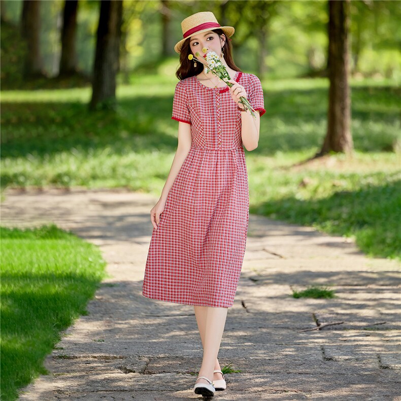 淑女风格纹连衣裙女春夏收腰显瘦中长裙格子裙子,女装连衣裙,水衣源