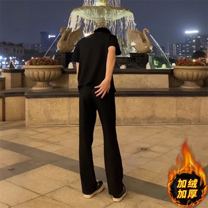 黑色微喇西裤男加长版高个子加绒加厚西装裤子美式直筒显瘦弯刀裤图片