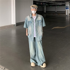 新款休闲宽松夏季复古水洗垫肩牛仔外套短袖男百搭，男装工装外套，星座1013