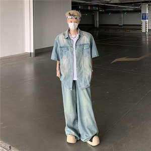 新款休闲宽松夏季复古水洗垫肩牛仔外套短袖男百搭图片
