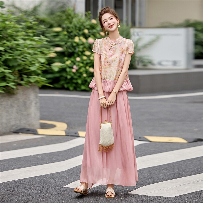 新中式g风提花人丝盘扣宽松上衣流光纱半裙两件套,女装套装/套裙,采品优优