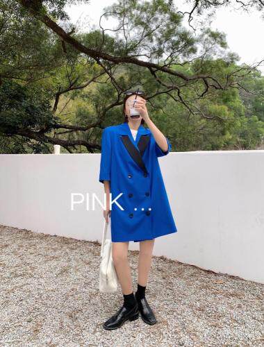 现货韩版薄料格子西服牛仔裙韩系直筒连衣裙，女装连衣裙，PINK