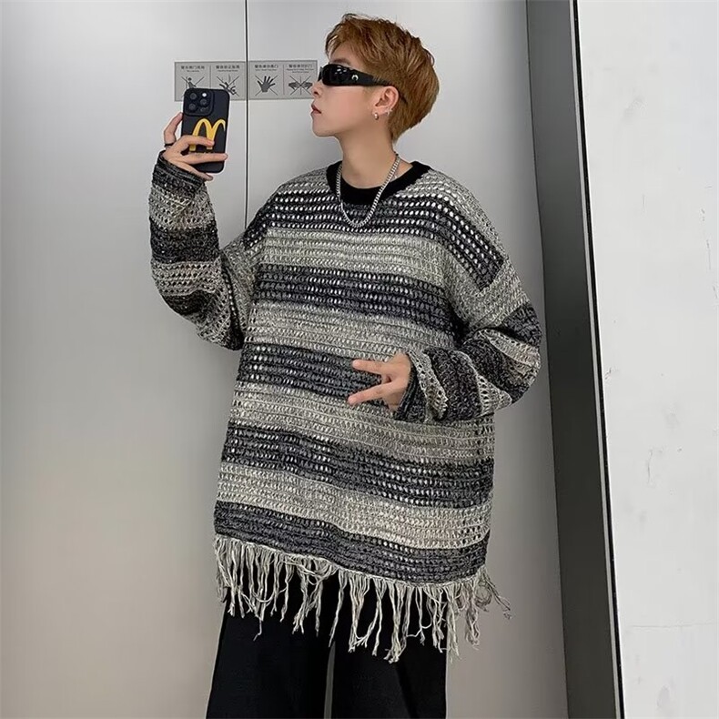 男拼色镂空薄款条纹圆领长袖针织衫春秋款韩版ins宽松MY229-P40,男装针织衫/毛衣,星座1109-3