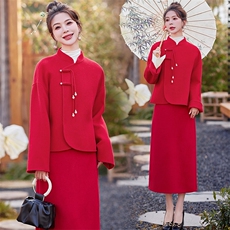 芷墨新款春装时尚新中式双面呢外套上衣半身裙两件套装裙，女装套装/套裙，芷墨服饰