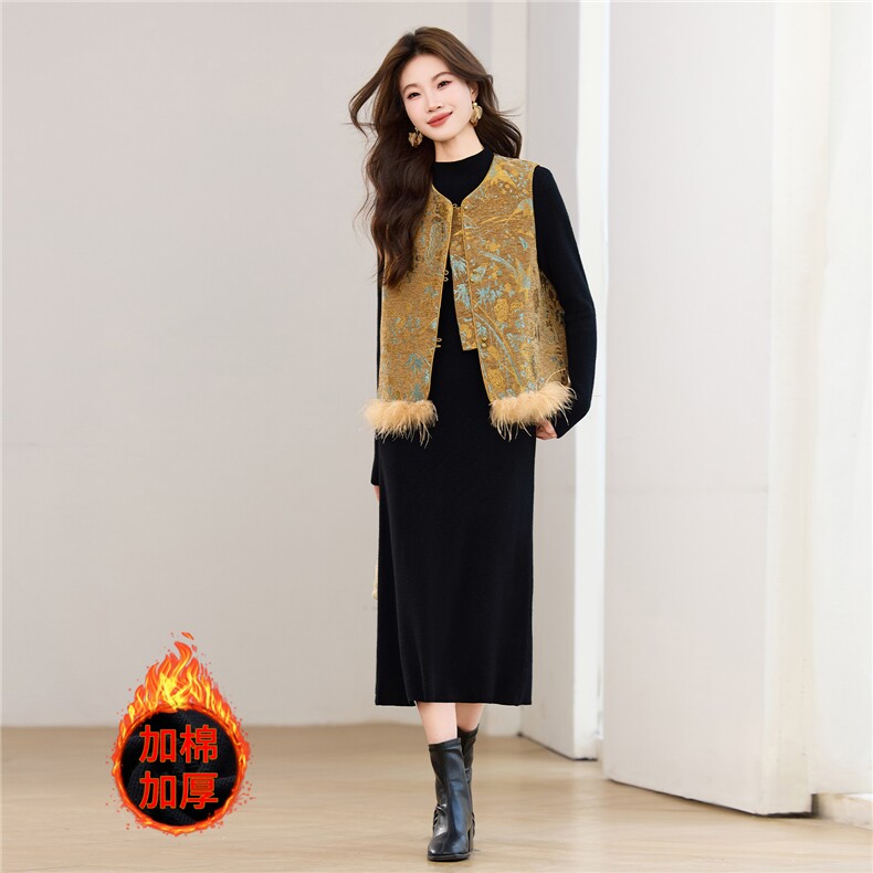 2025冬季新中式加棉雪尼尔绒质感提花纹理可拆卸毛条马甲两件套女，女装套装/套裙，宝儿家