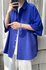 C6042/P35夏款2023新款港风冰丝克莱因蓝衬衣男开衩短袖衬衫控58，男装衬衫，电商A141