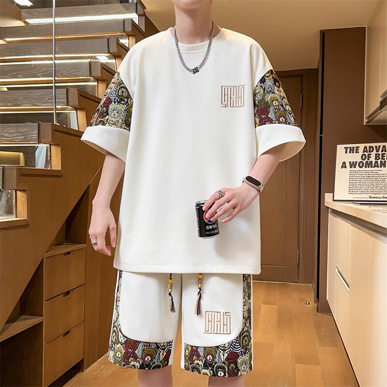 新中式国风时尚套装夏季男款潮牌高级感青少年刺绣短袖短裤两件套,男装休闲套装,电商A266