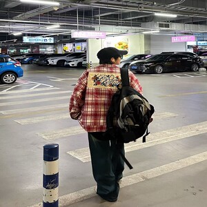 重磅美式复古红色格子衬衫外套男春秋季帅气休闲百搭情侣衬衣外套图片