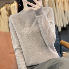 一线成衣针织100%羊毛衫女半高领花朵镂空宽松套头毛衣打底羊绒衫，女装羊毛衫，鲁菏羊绒