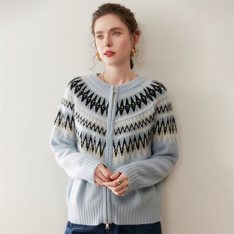 费尔岛提花宽松慵懒山羊绒开衫女拉链厚毛衣外套2025秋冬针织羊毛，女装针织衫/毛衣，绒盛美羊绒