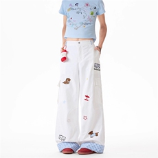 公仔配件小狗刺绣拼接翻边格子大口袋水洗工装堆叠长裤h1308P68，男装工装外套，星座1013-1