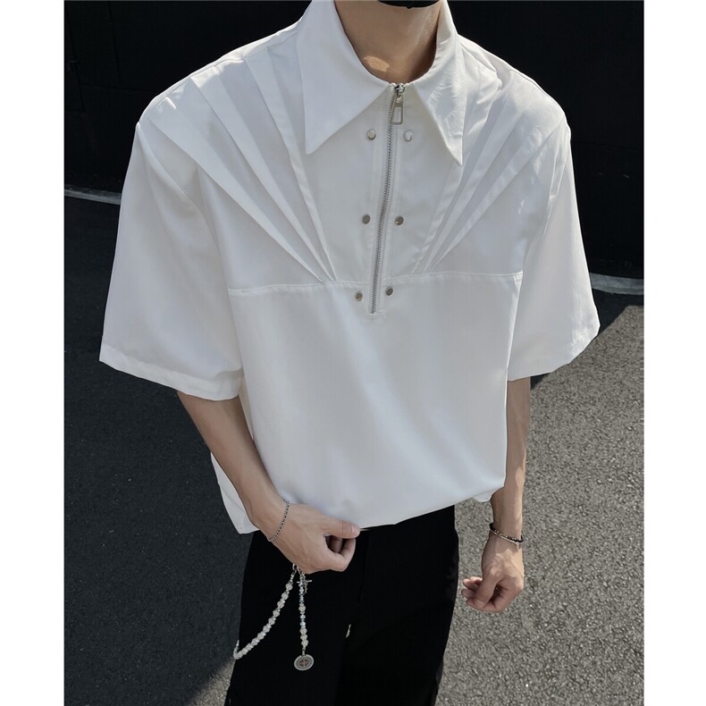 垫肩解构设计褶皱夏季小众短袖衬衫痞帅金属感T恤901P45,男装T恤,电商A458A