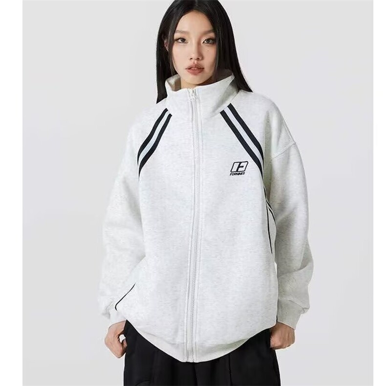 美式复古条纹开衫外套女2025春秋新款运动风宽松休闲潮立领卫衣图片
