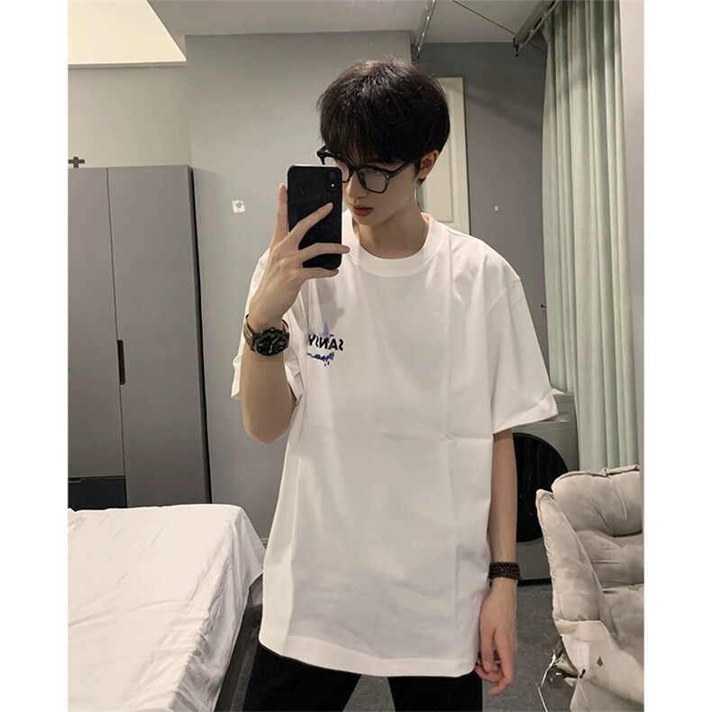 抖音得物 210克现货宽松纯棉美式潮牌印花落肩袖纯棉T恤AT21137图片