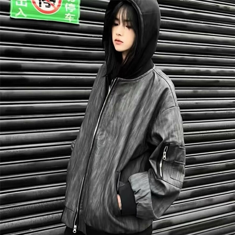 新款重磅设计假两件连帽皮衣外套男女美式工装夹克做旧LJK853-P80,男装皮衣,星座1008