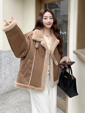 美拉德皮毛一体麂皮绒上衣女冬加厚羊羔毛外套，女装羊羔毛/颗粒绒，2B109