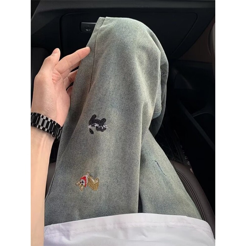 黑色趣味小狗刺绣牛仔裤女新款宽松显瘦拖地阔腿裤子N09,男装牛仔裤,星座1116A（原606A-3）