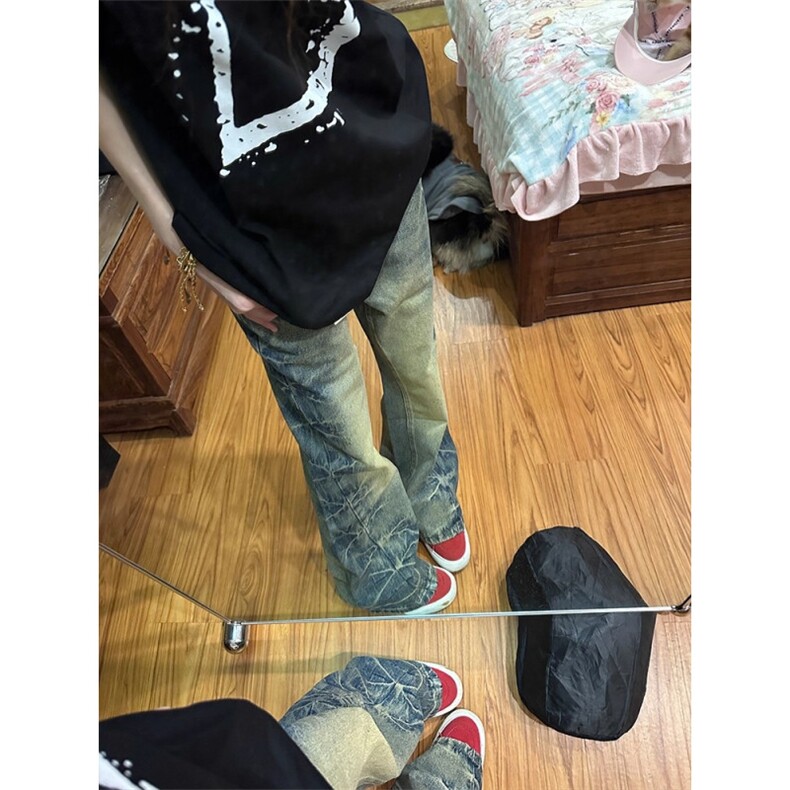 美式高街复古侧边捏褶微喇牛仔裤男女直筒阔腿cleanfit休闲长裤潮,男装牛仔裤,四季星座505