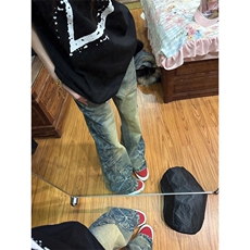 美式高街复古侧边捏褶微喇牛仔裤男女直筒阔腿cleanfit休闲长裤潮，男装牛仔裤，四季星座505