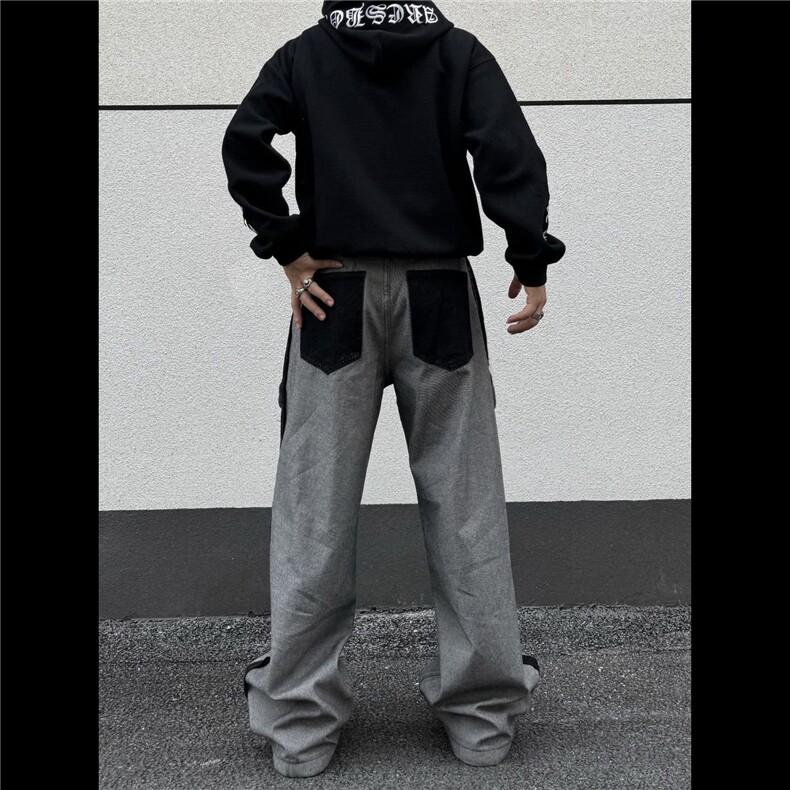 NK1007-P58美式复古设计感做旧反穿大口袋印花牛仔裤男女秋季,男装牛仔裤,电商B323A