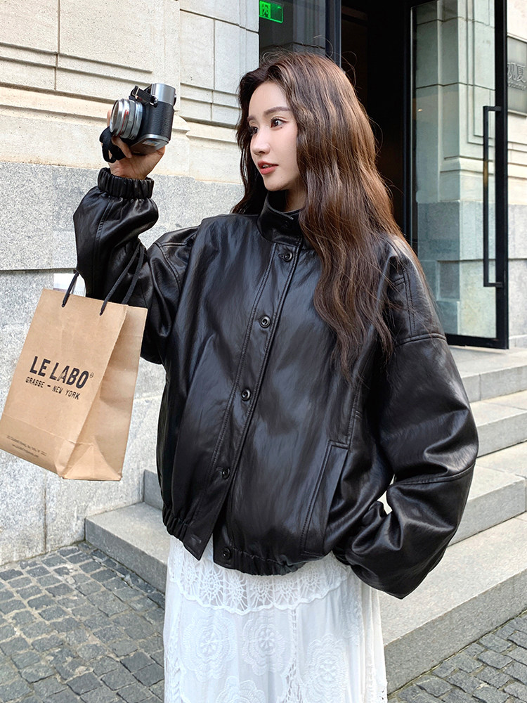 黑色时髦松弛感可盐可甜皮衣短外套女2025秋季日系复古风pu皮夹克,女装皮衣,2D034