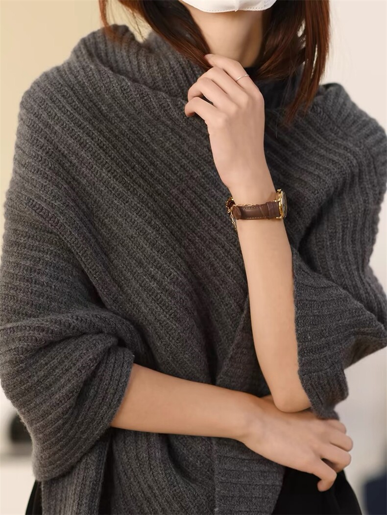 高领套头羊毛针织披肩女斗篷宽松百搭毛衣针织外搭,女装羊毛衫,思途羊绒