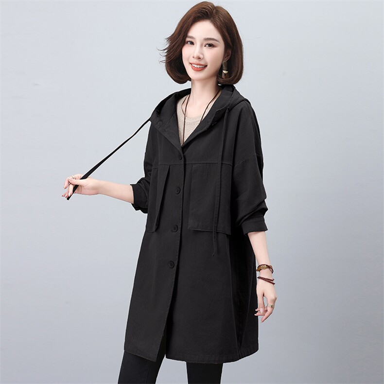 纯棉连帽风衣外套女2025春秋新款中年妈妈宽松大码中长款休闲大衣,女装风衣,独衣靓