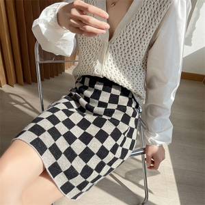 秋冬季羊毛棋盘格直筒修身个性半身裙短裙图片