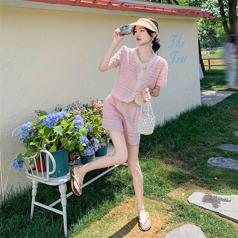 法式甜美小香风花边上衣套装女2025夏季新款宽松显瘦短裤子两件套,女装套装/套裙,2C029