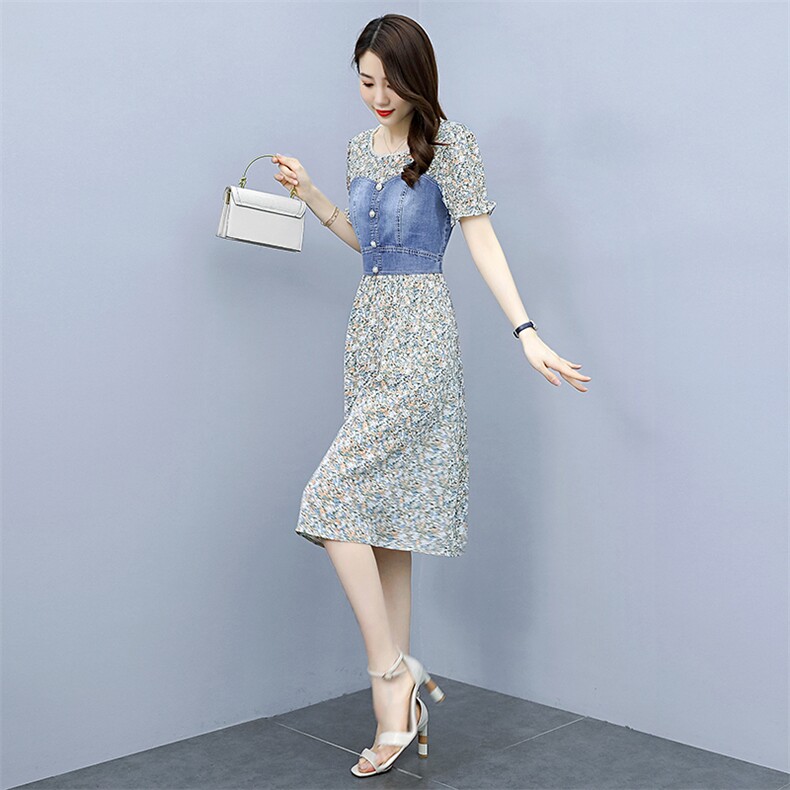 汉派鑫源时尚拼接牛仔连衣裙女2025新款夏季微胖身材收腰牛仔裙子,女装连衣裙,涵亦佰惠