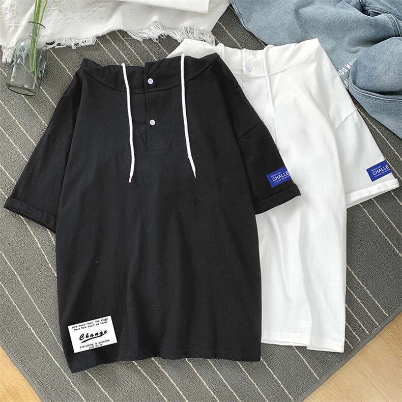 LD54062-P45连帽短袖t恤男大码胖子带帽五分袖中袖,男装T恤,电商A040